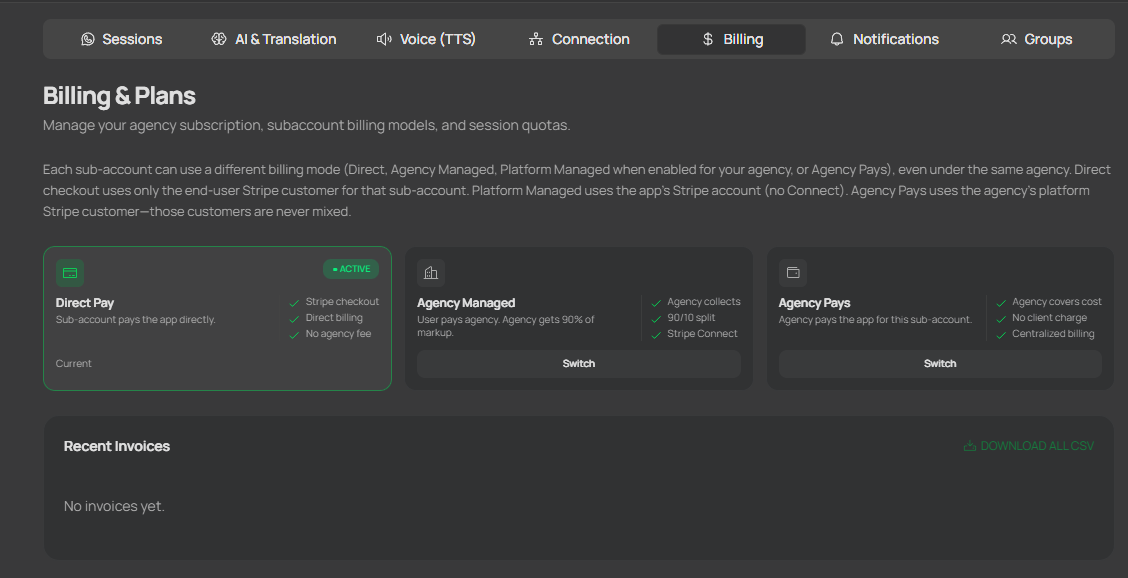 Billing tab inside a sub-account