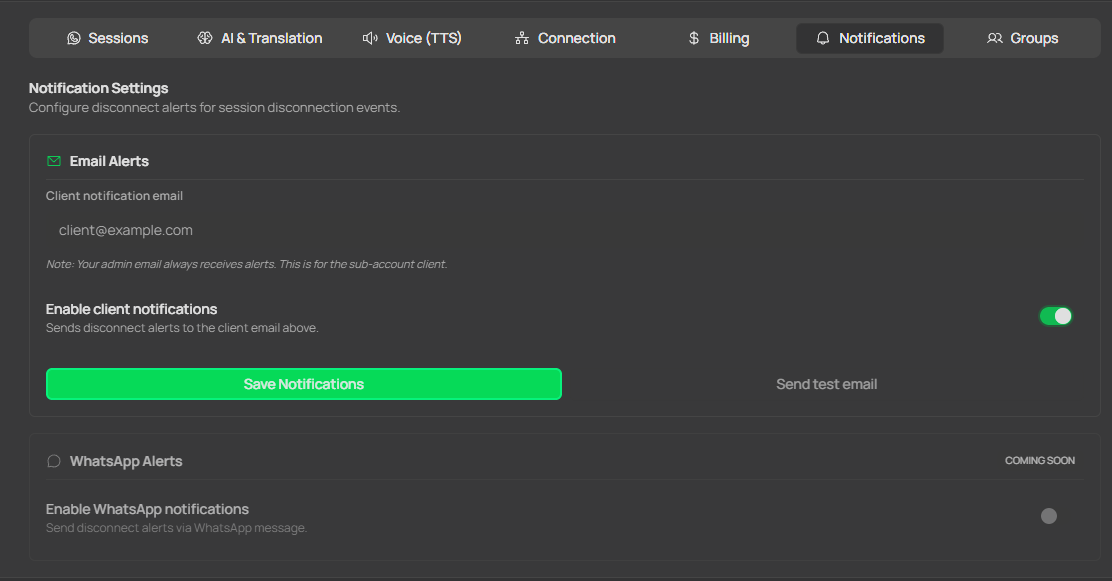 Notifications tab with email, toggle, and test send