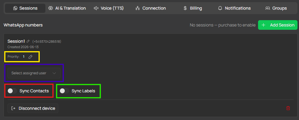 WhatsApp session tab with priority, team assignment, and sync options