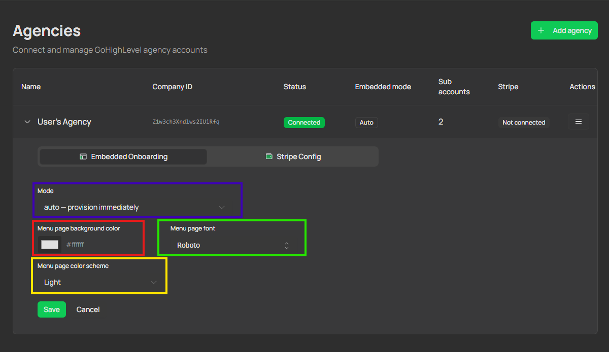 Pestaña Embedded onboarding con modo, color, fuente y tema