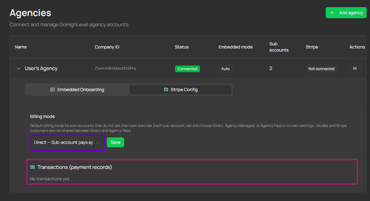 Pestaña Stripe config con modo de facturación y transacciones